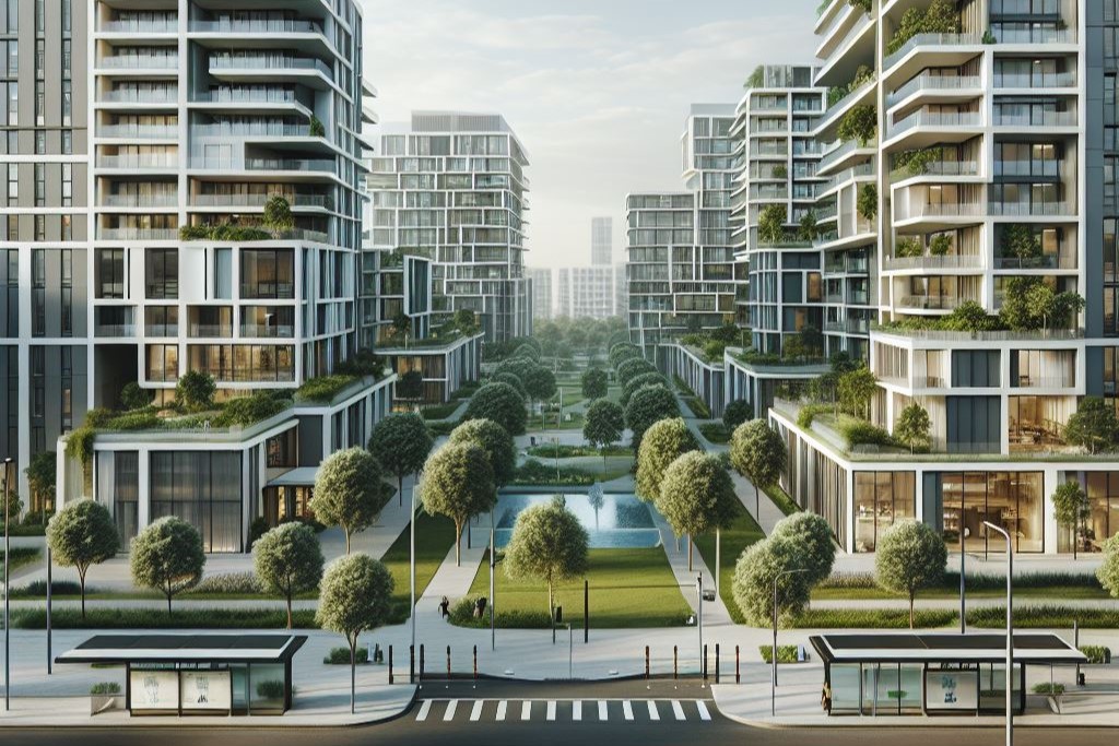 Minimalistic version of an urban development with multiple high-rise residential buildings