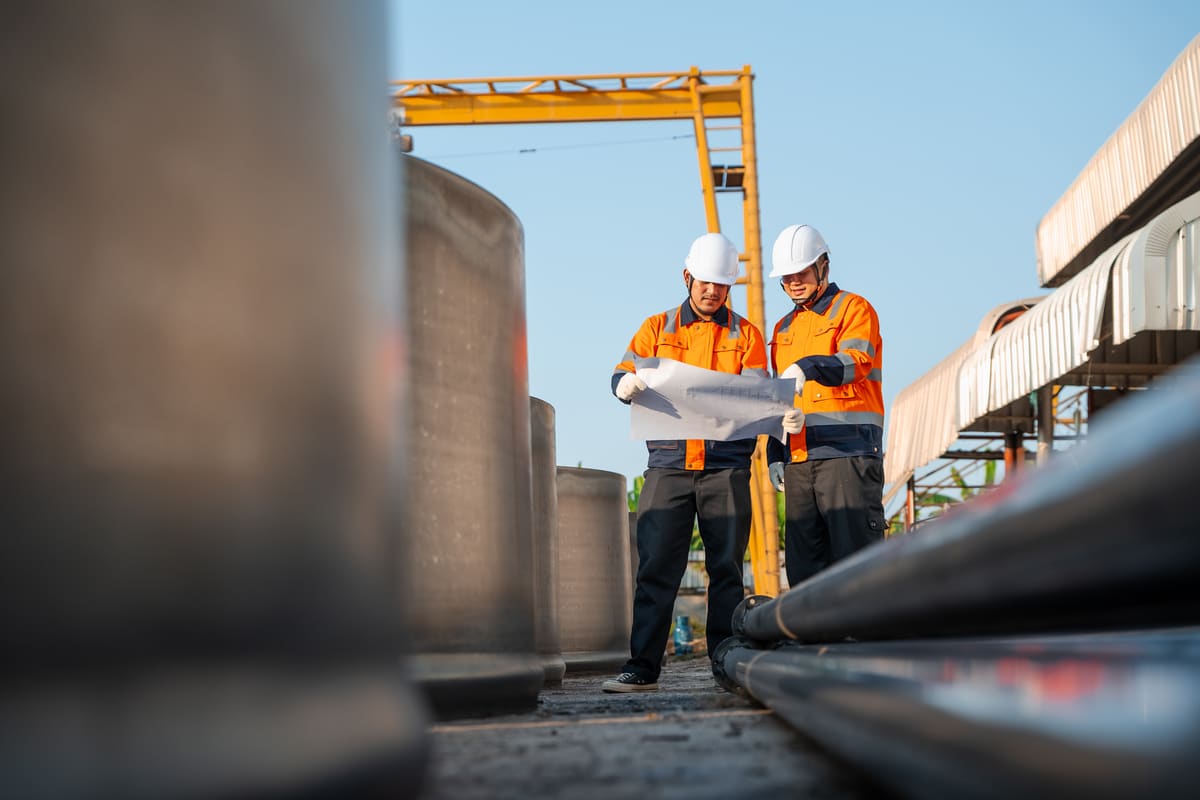 Asian construction engineer and supervisor checking blueprint for heavy steel pipeline material inspection. Commercial industrial infrastructure project and logistics supply chain management.