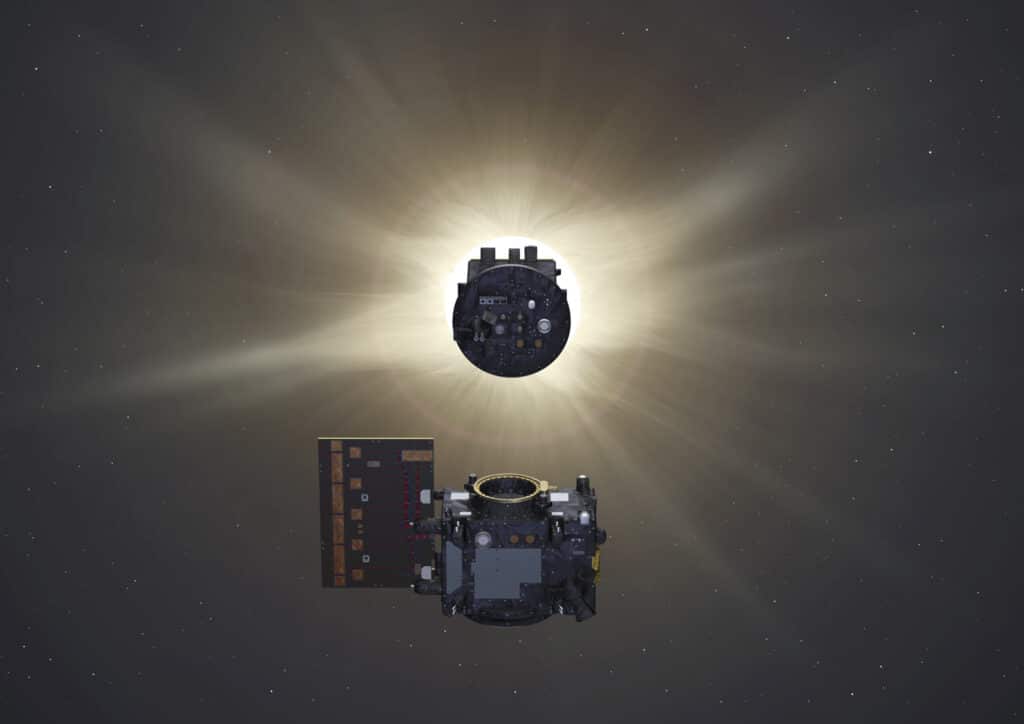 Proba-3_Occulter_eclipsing_Sun_for_Coronagraph_spacecraft-scaled