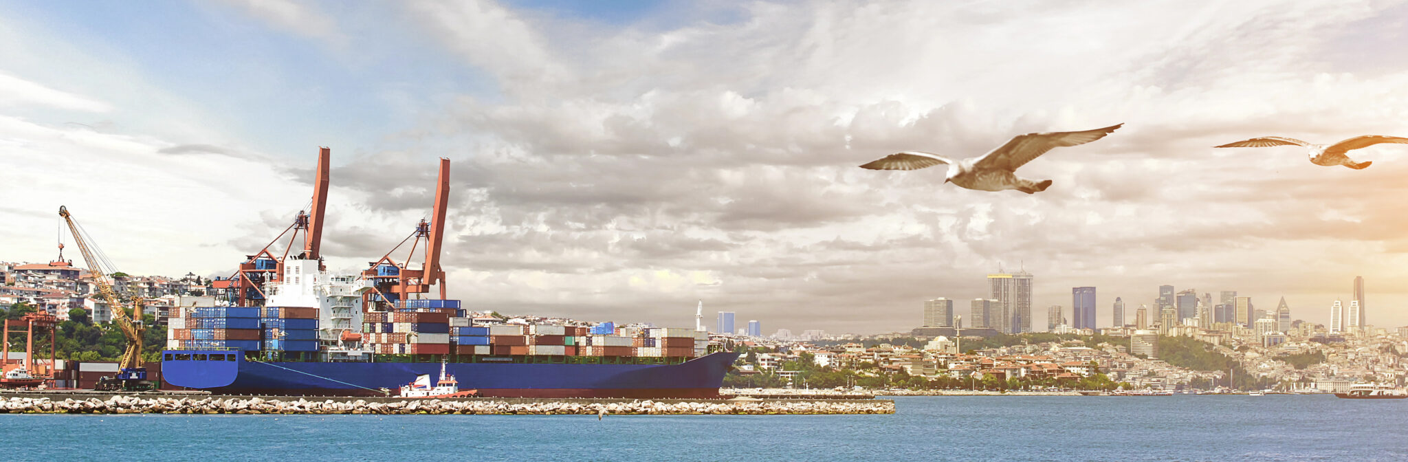 A large ship is loaded at this port. Sea transportation