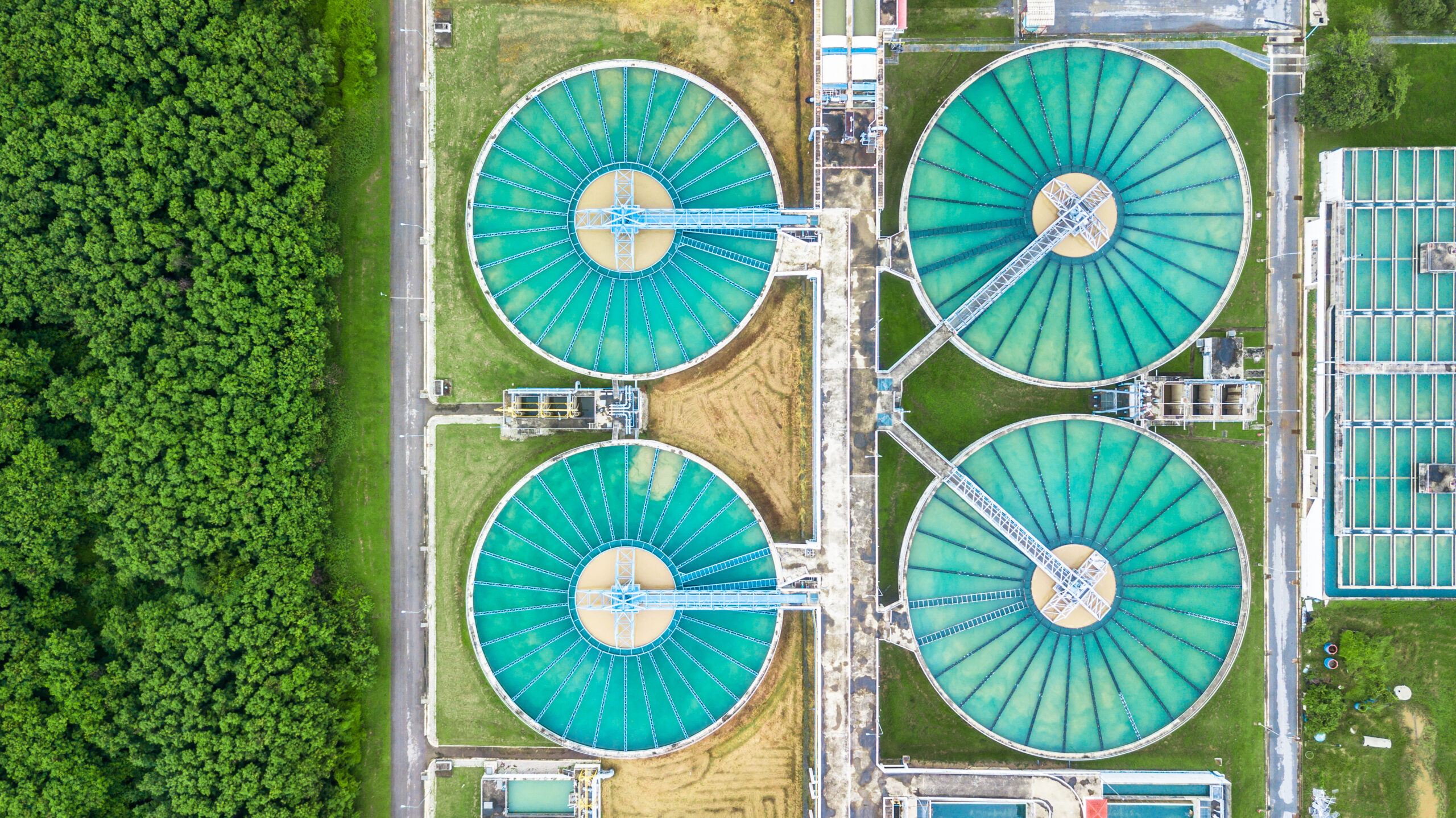 Aerial top view recirculation solid contact clarifier sedimentation tank, Water treatment plant.
